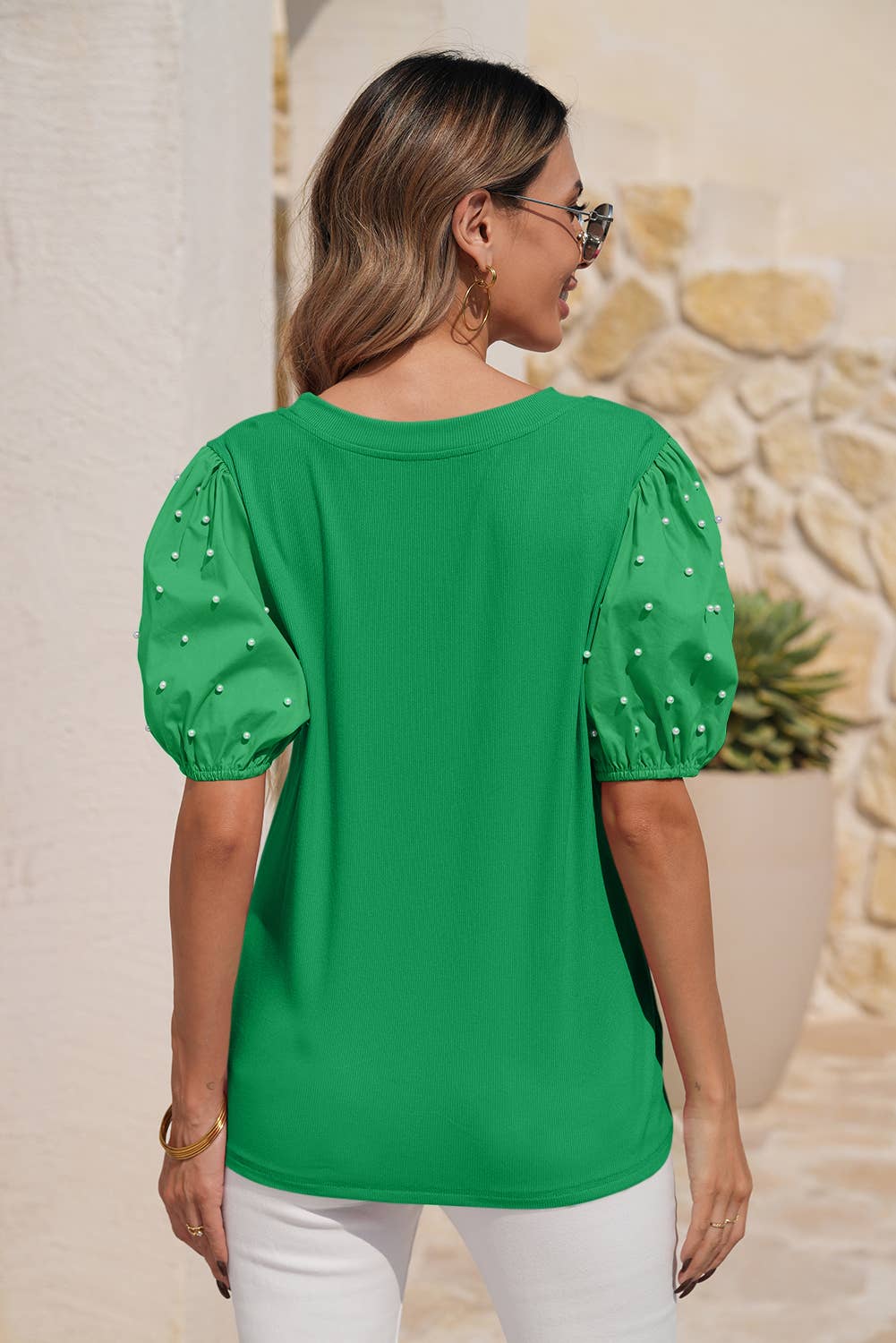 Pearl Beaded Puff Sleeve Top