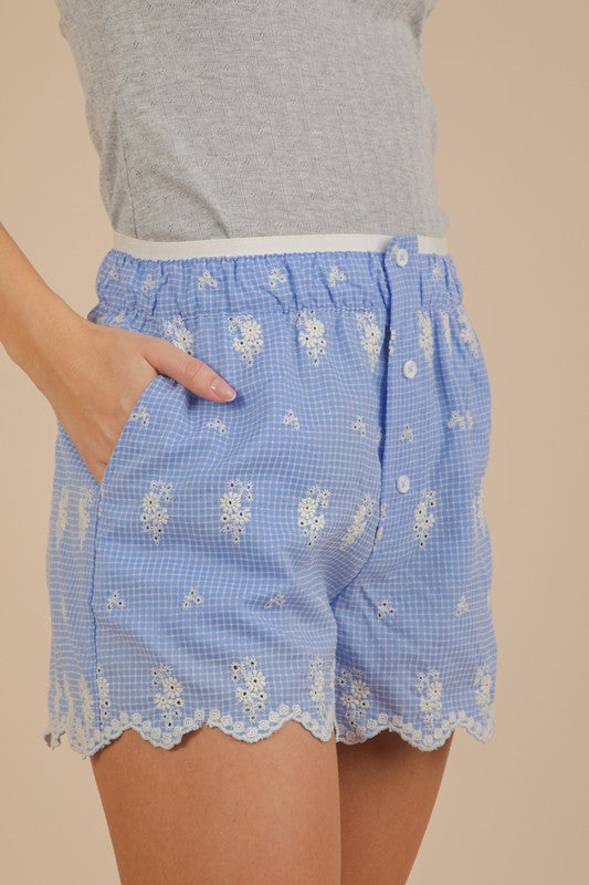 Blue Embroidered Shorts