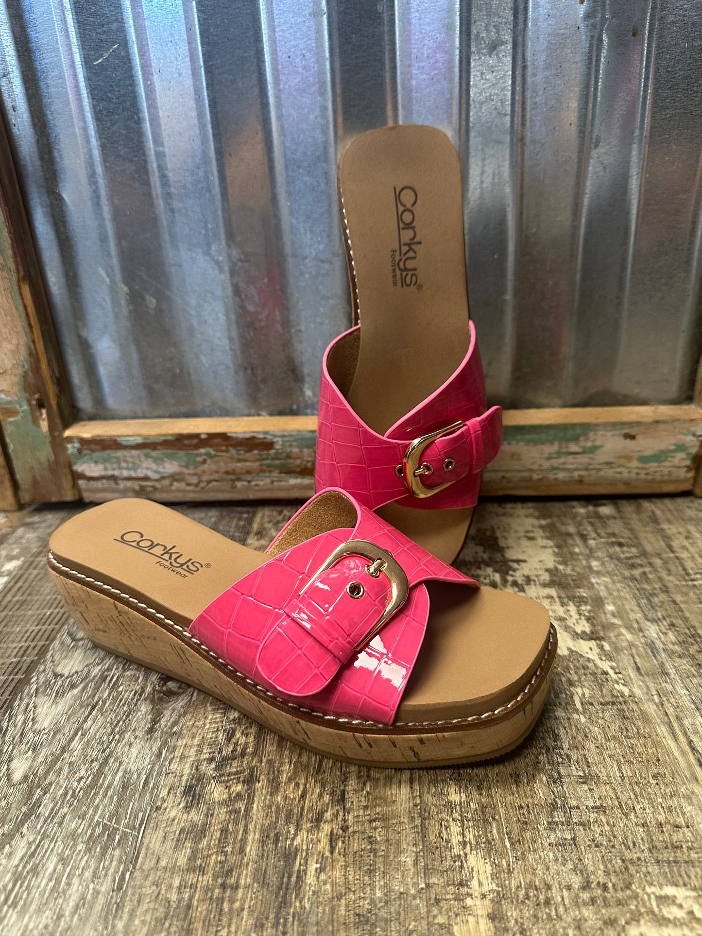 Corky's Pink Croc Reality Wedge