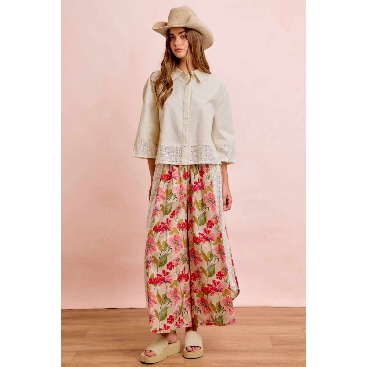 Floral & Eyelet Wide Leg Pant