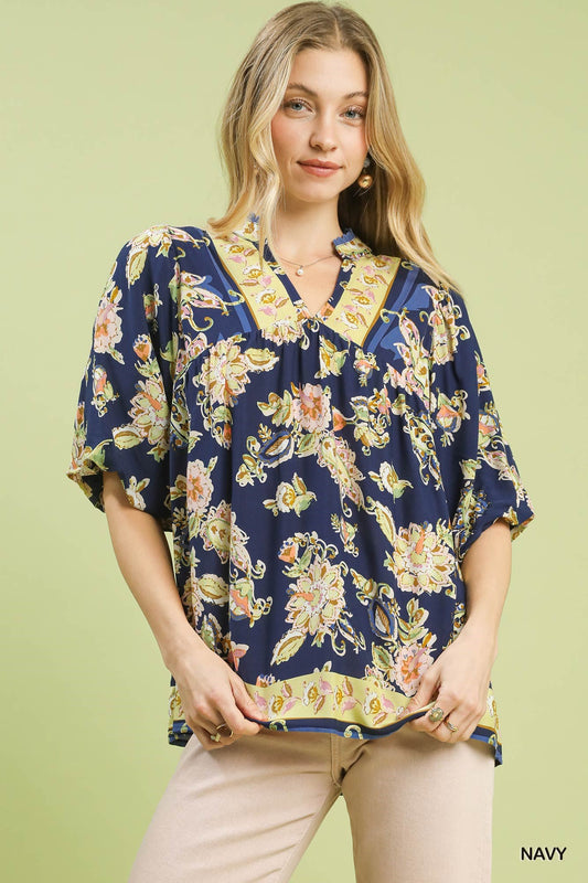 Navy Floral Boho Blouse