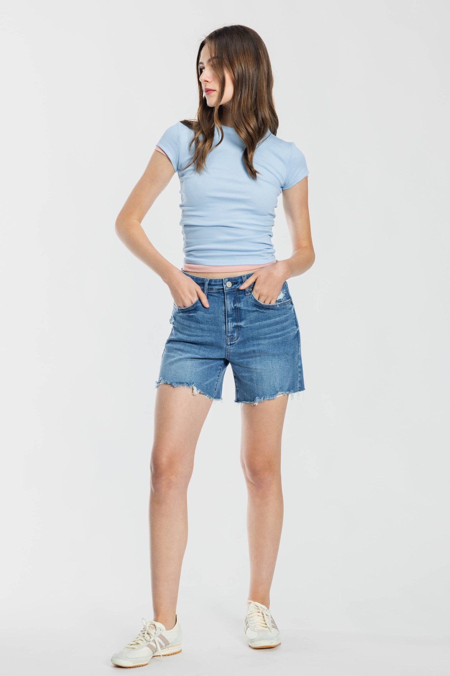 Mid Length Distressed Cut Off Shorts