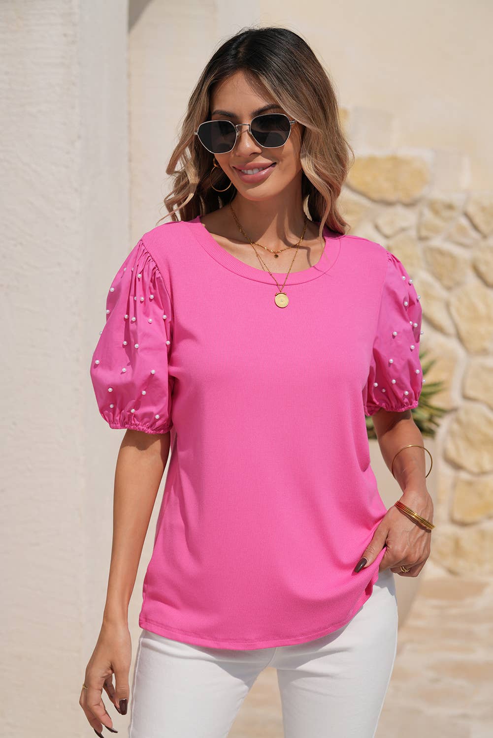 Pearl Beaded Puff Sleeve Top