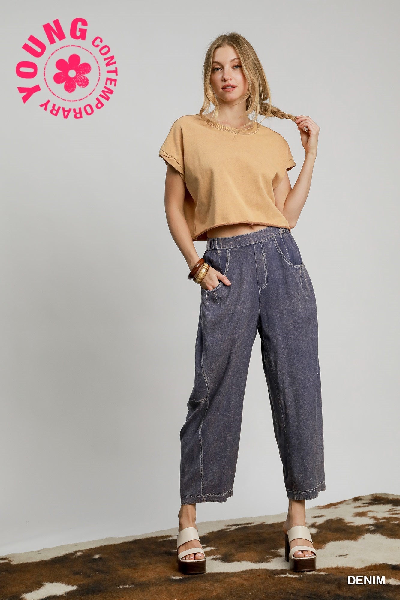 Denim Linen Barrel Pants