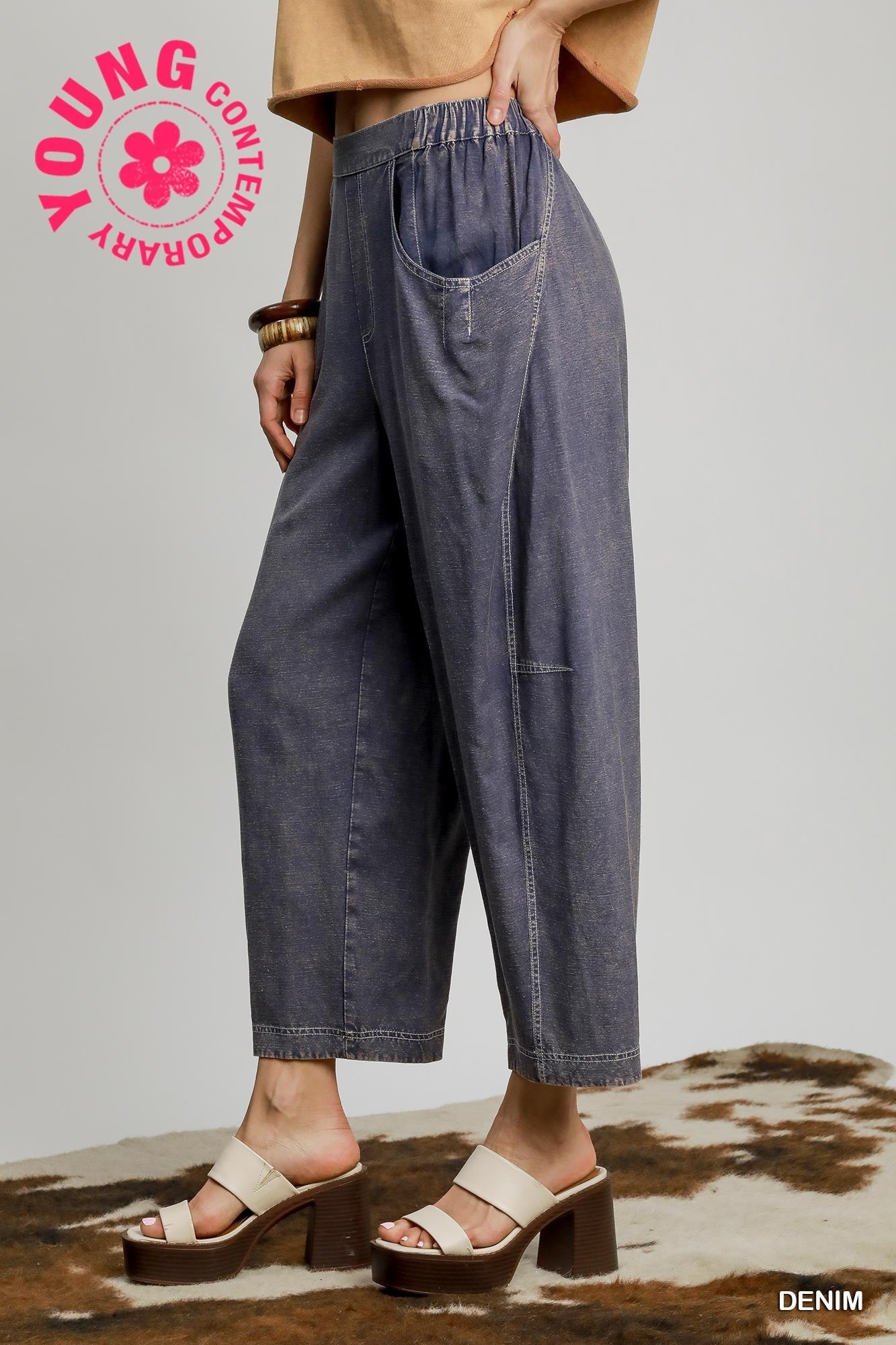 Denim Linen Barrel Pants