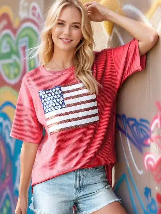 Sequin Flag Ribbed Top