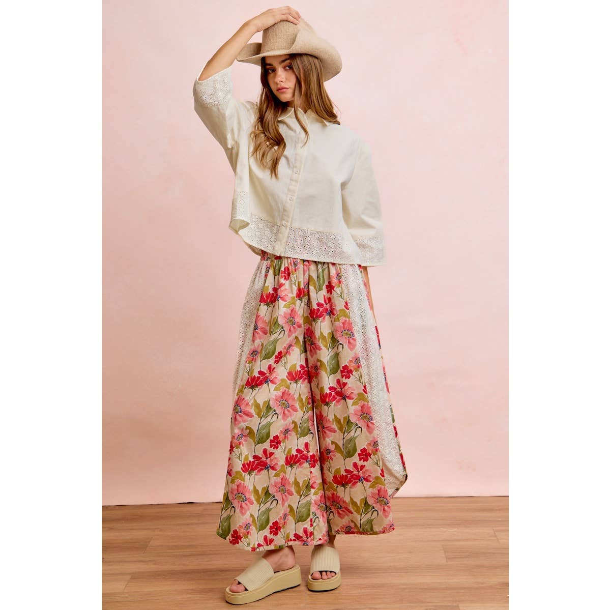 Floral & Eyelet Wide Leg Pant