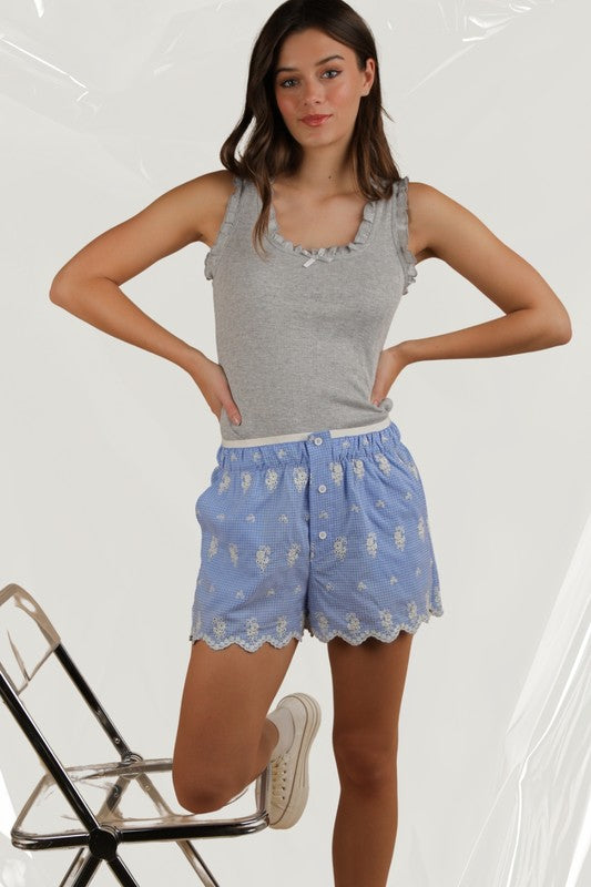 Blue Embroidered Shorts
