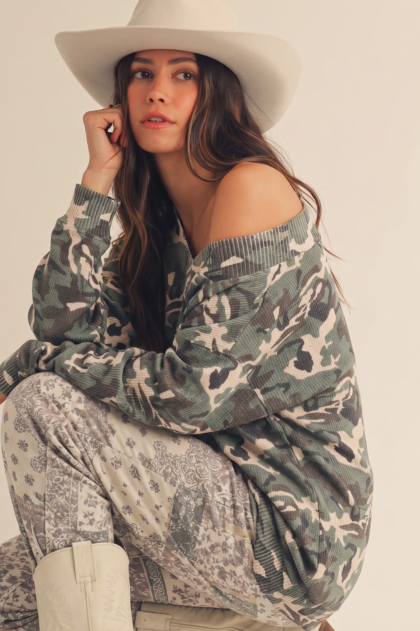 Camo V Neck Sweater