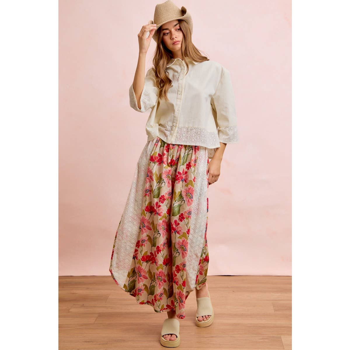 Floral & Eyelet Wide Leg Pant
