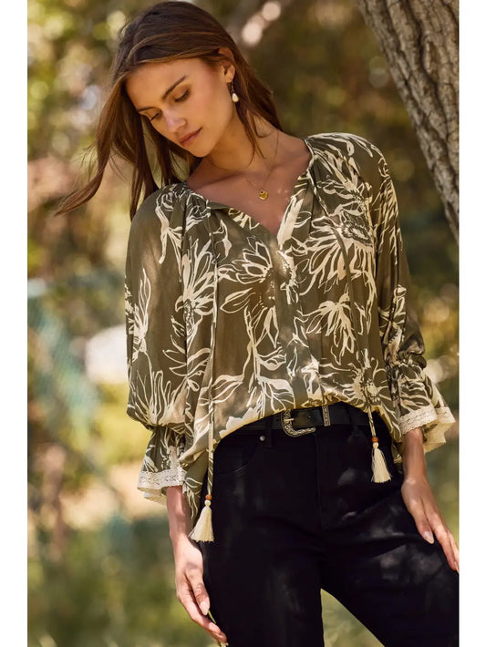 Olive Floral Boho Top