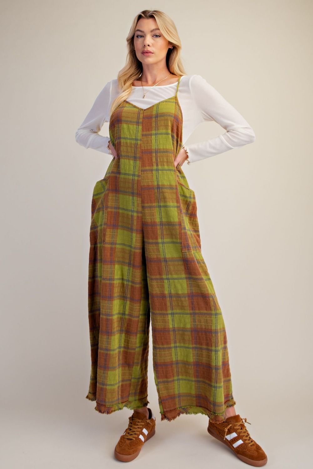 Olive Plaid Overalls