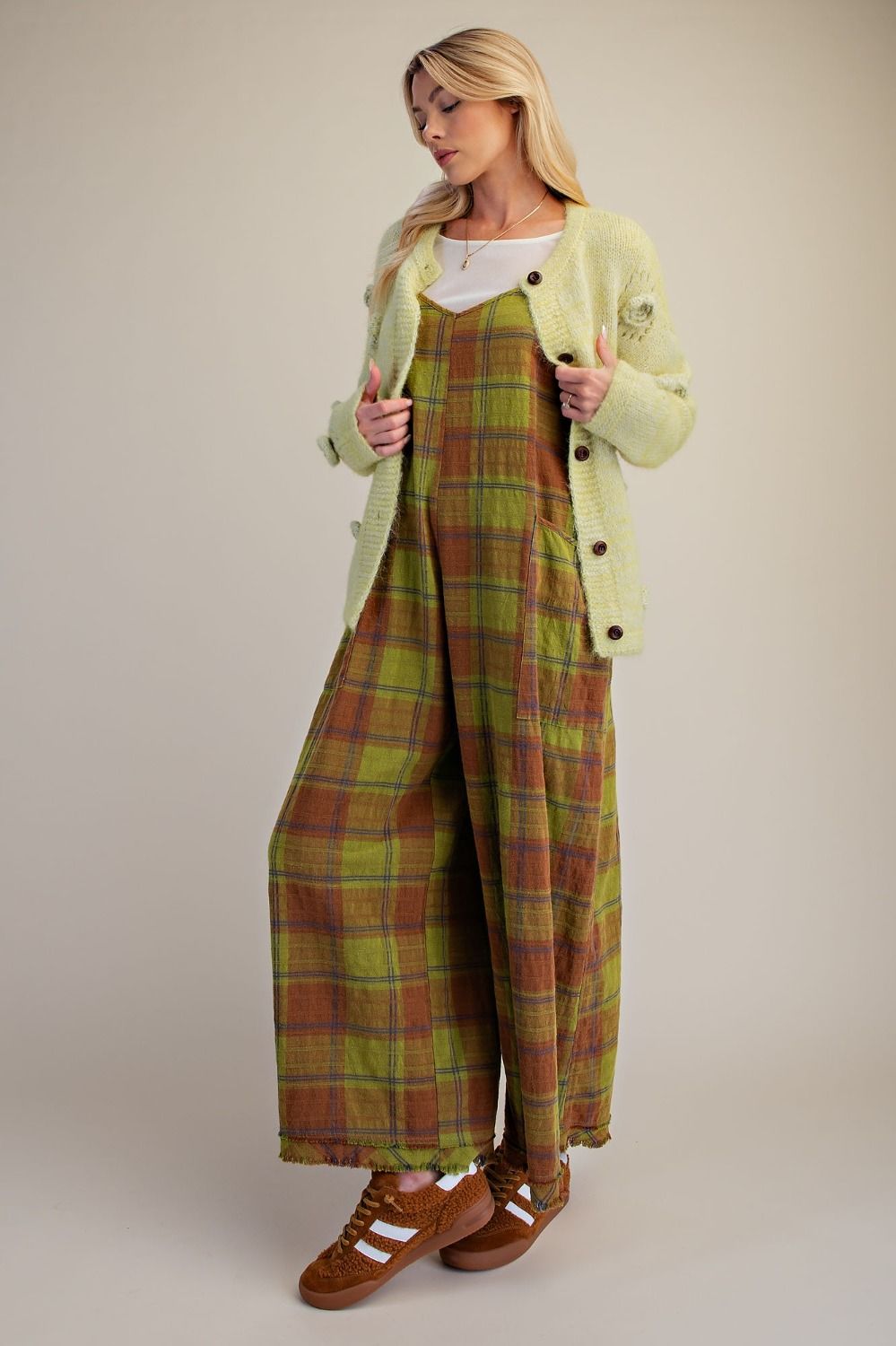 Olive Plaid Overalls