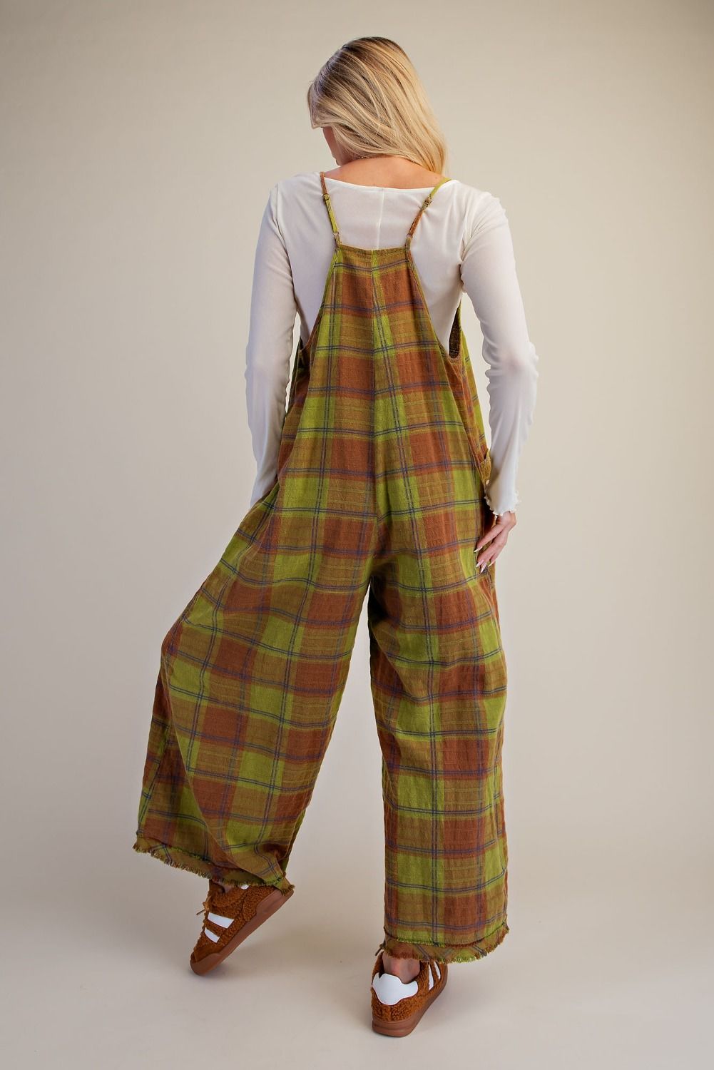 Olive Plaid Overalls