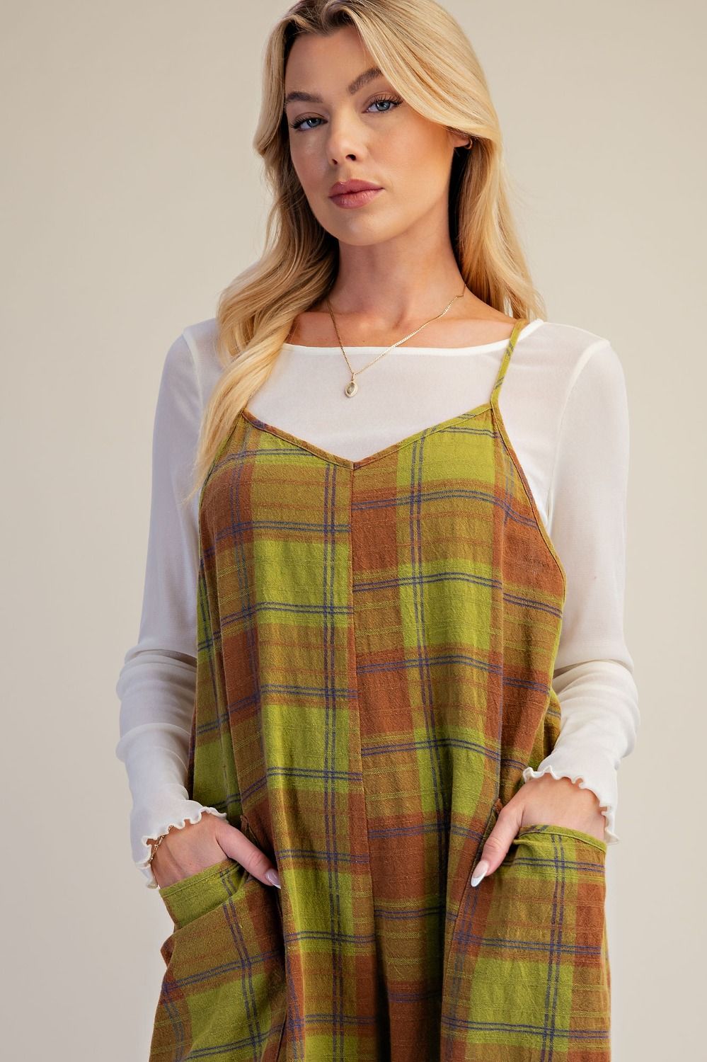 Olive Plaid Overalls